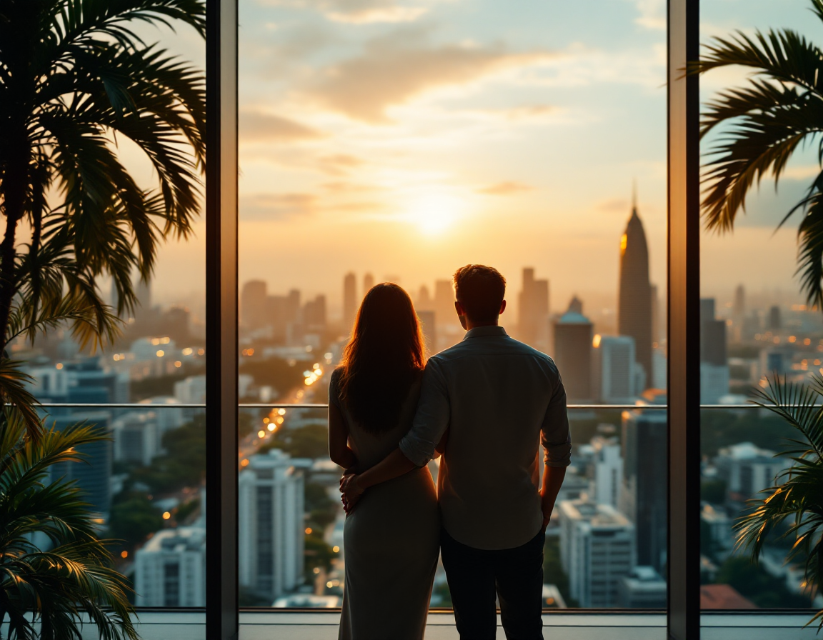 Settlement Support - Couple with keys at apartment entrance overlooking Kuala Lumpur