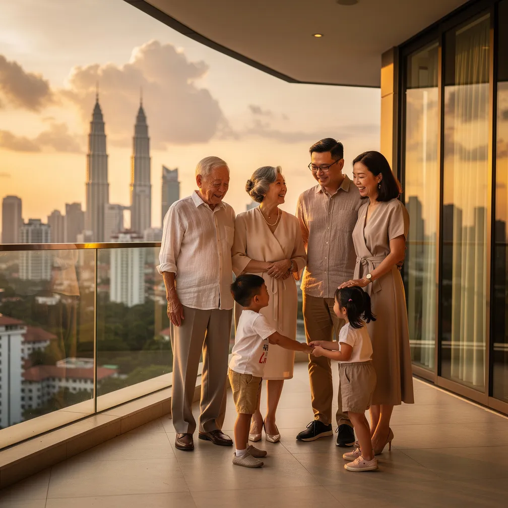 Affluent Singaporean Chinese family of six spanning three generations enjoying sunset on luxury condominium balcony in Kuala Lumpur