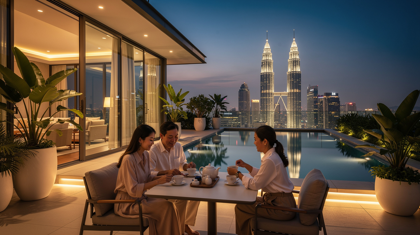 Luxury penthouse terrace in Kuala Lumpur at twilight with Petronas Towers