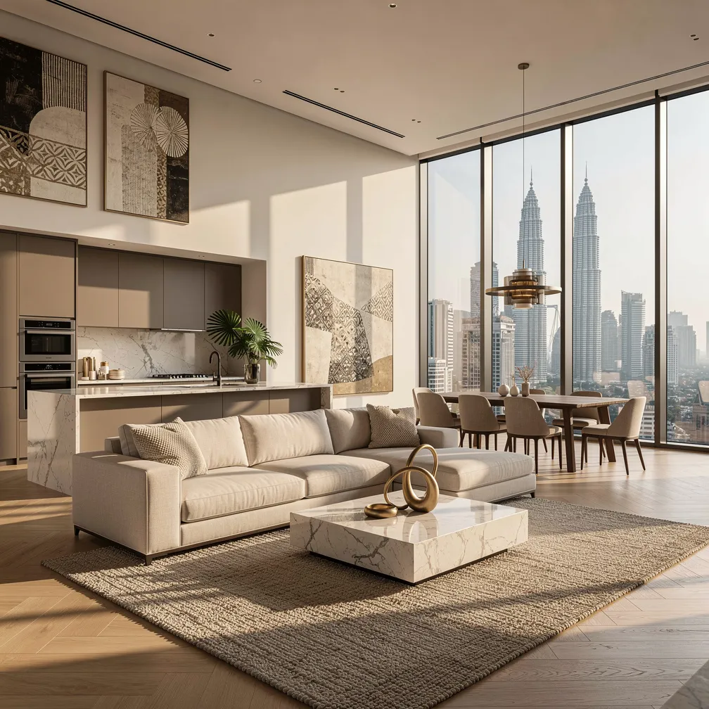 Ultra-realistic luxury penthouse interior in Kuala Lumpur with floor-to-ceiling windows overlooking city skyline
