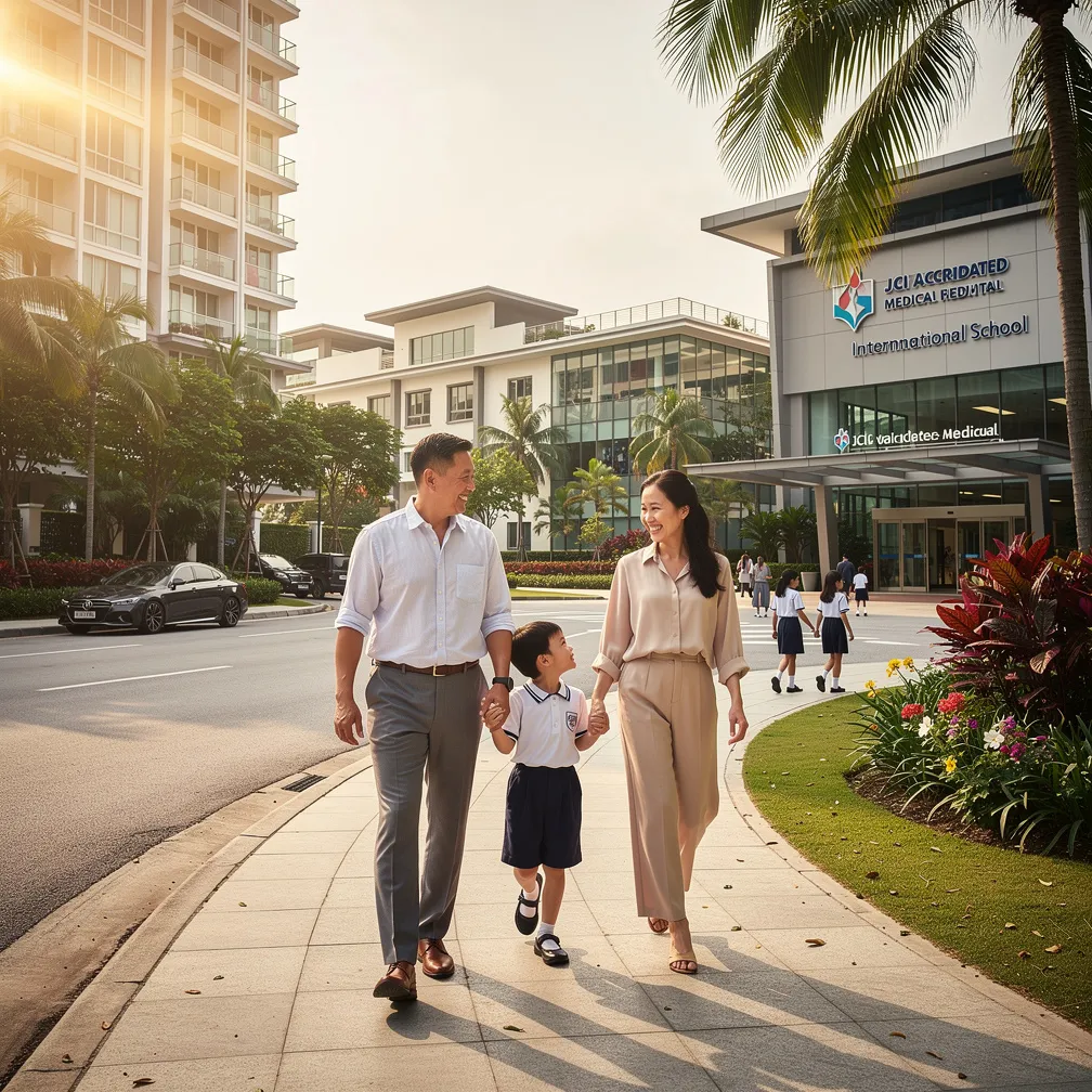 Affluent Asian family experiencing premium quality of life in Malaysia with luxury residential district, international school and medical facilities